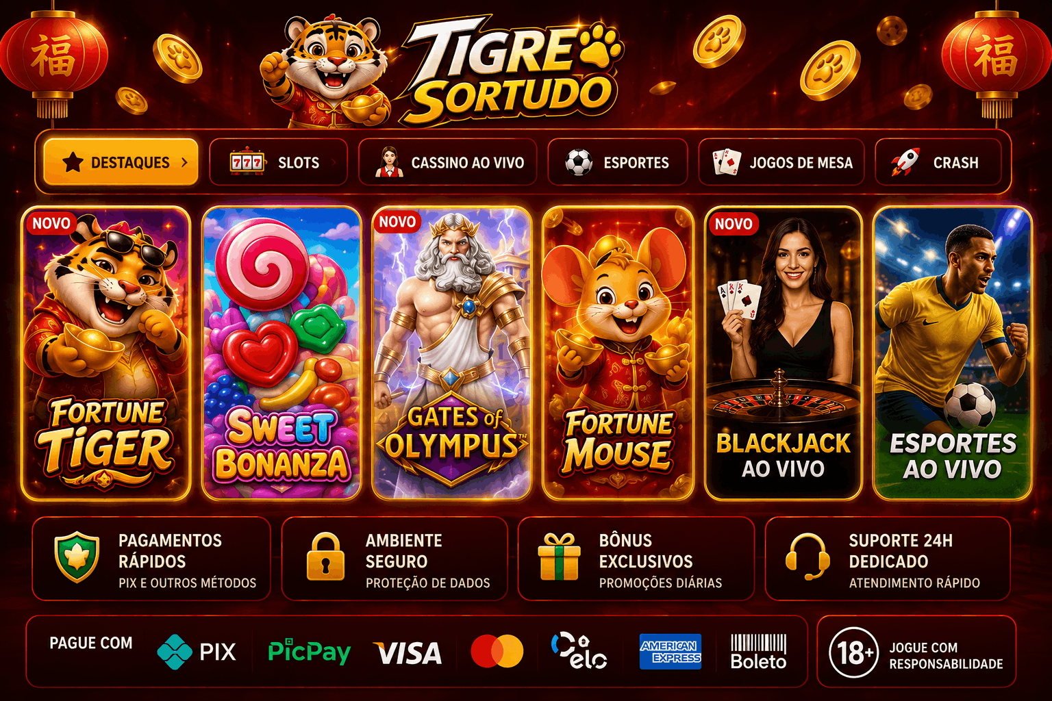 Vitrine de jogos do Tigre Sortudo com opções de apostas esportivas, cassino online e jogos disponíveis